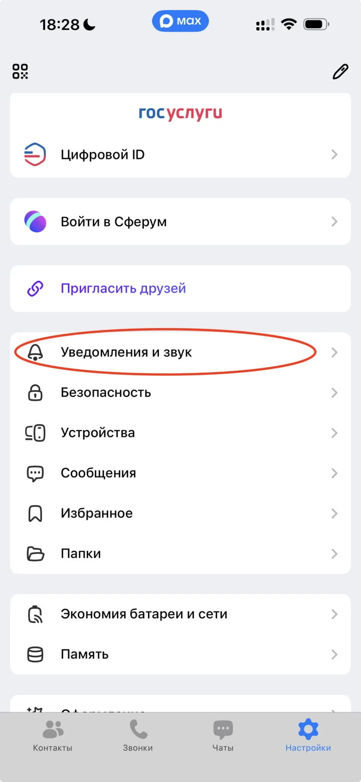 Настройки MAX — пункт «Уведомления и звук»