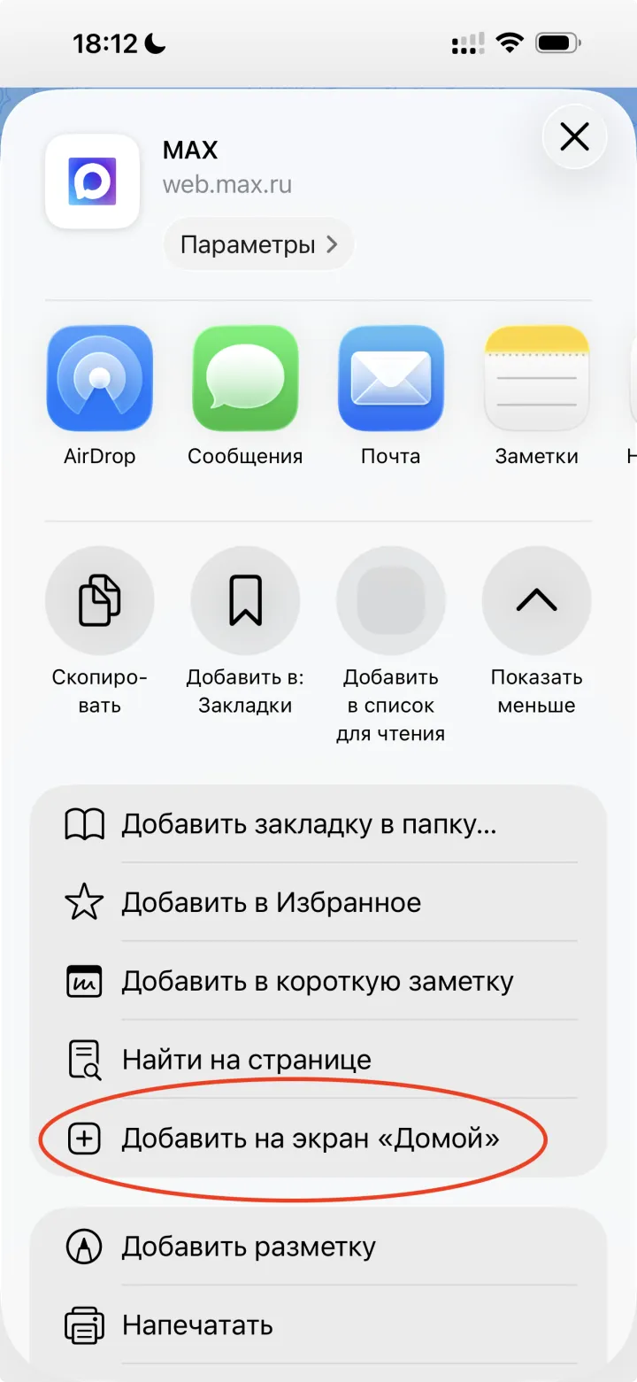 Пункт «Добавить на экран „Домой“» в Safari — иконка веб-версии MAX (PWA) на главном экране iPhone