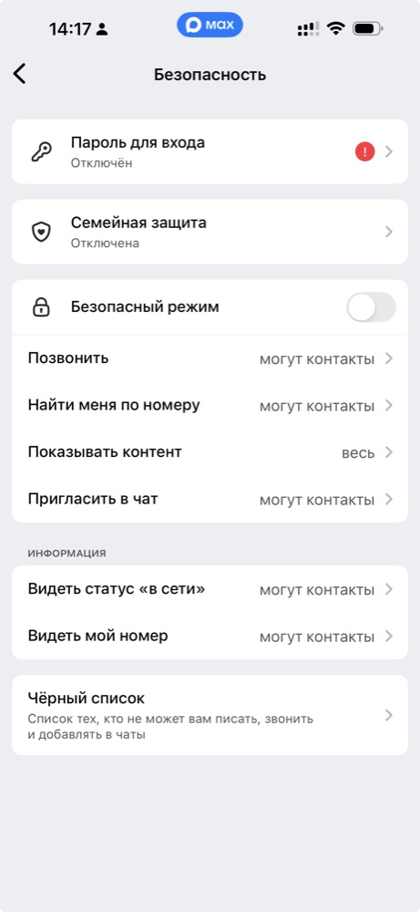 Раздел «Безопасность» в MAX — пункт «Видеть статус «в сети»» в блоке «Информация»